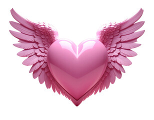 Angelic Heart Pink Heart with Wings, Halo, 3D Render, Love, Valentine's