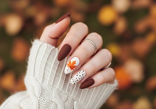 Cozy fall nails featuring autumnal accents and warm colors on a knitted sweater