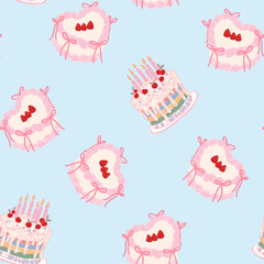 Seamless Pattern with Cute Birthday Cakes and Heart-Shaped Cakes on Pastel Background