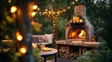 Fototapeta premium Rustic outdoor pizza oven made of stone and brick set in a cozy backyard surrounded by string lights and garden furniture The oven emits a warm glow with a freshly baked pizza inside