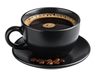 Black cup of coffee isolated on white or transparent background, png cut out