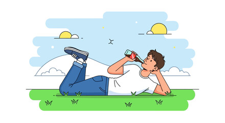 Enjoying Refreshing Drink Outdoors While Relaxing In The Summer Sunlight