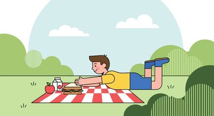 Enjoying Relaxing Time At Picnic with Sandwich and Fresh Apple Illustration