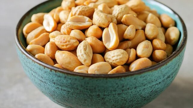A bowl filled with peanuts sitting on a table, perfect for snacking or decorating