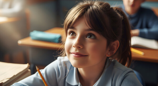 Inspired and Engaged: Portrait of a bright young elementary school girl learning with a curious smile in a sunlit classroom.