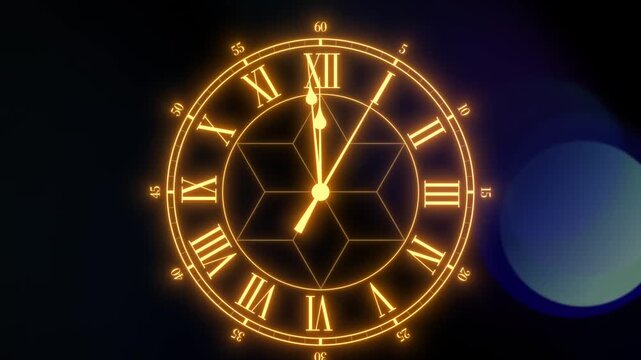 60 second countdown clock to midnight. Zoom animation with centered, analog, classic clock face.