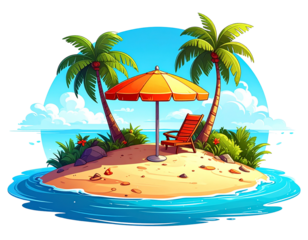 Cartoon island with palm trees and a beach umbrella .ai generative, transparent backg