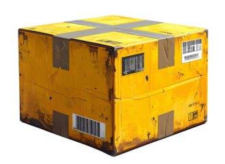 Yellow shipping box with barcode and labels isolated on transparent background