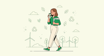 Fototapeta premium Eco-conscious woman walking with coffee and books near wind turbines in a cartoon illustration