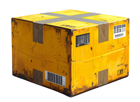Firefly_Yellow shipping box with barcode and labels isolated on transparent background