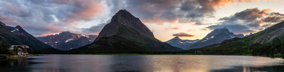 Panoramic of Swiftcurrent Lake and Mountains and the Many Glacier Hotel, Many Glacier, Glacier National Park, Montana