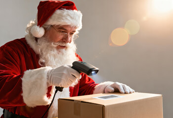 Santa Claus uses a handheld barcode scanner to read a label on a cardboard shipping box under warm studio light.