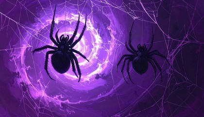 Eerie Encounter: Spiders Suspended in a Web of Purple Mystique Halloween Background