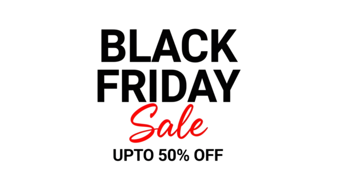 Black friday sale text with upto 50 off discount isolated on transparent background