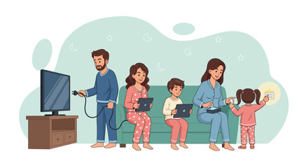 Family enjoying technology and disconnecting from their devices in a relaxing cozy scene