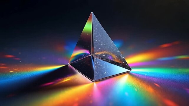 Dynamic prismatic light dispersion through a crystal pyramid casting vibrant rainbow spectrum reflections across a dark surface, showcasing science and art.