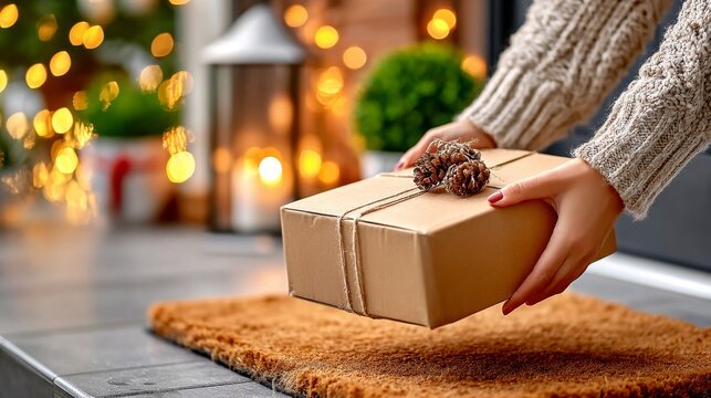 Manos femeninas dejando una caja de regalo en la entrada de una casa decorada con luces navide&ntilde;as y adornos, evocando entrega festiva y sorpresa.