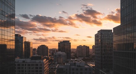 Fototapeta premium Clouds over City Skyline with Light Reflections, Cozy Warm Atmosphere, Golden Hour Lighting