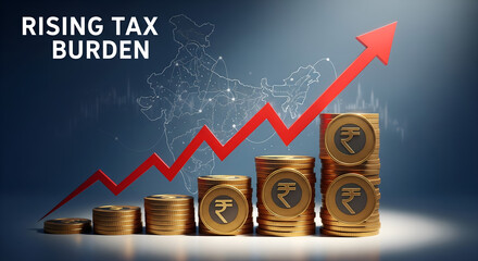India's Rising Tax Burden: Conceptual 3D illustration showing increasing stacks of Indian Rupee coins and a red upward trend arrow graph over a map of India.