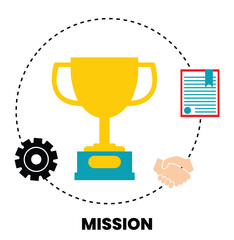 Mission Achievement Concept Vector Illustration – Trophy, Handshake, Gear, and Document Icons Representing Success, Teamwork, and Business Goals