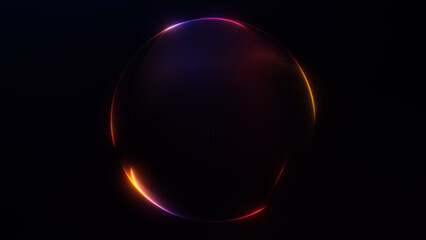 Glowing abstract sphere with orange, red and purple light accents on a dark futuristic background. Dynamic minimal orb design in 4K style.