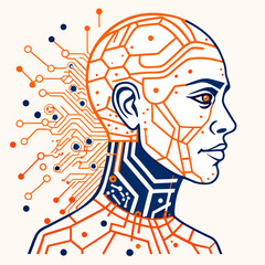 Android head with orange and blue circuit board connections