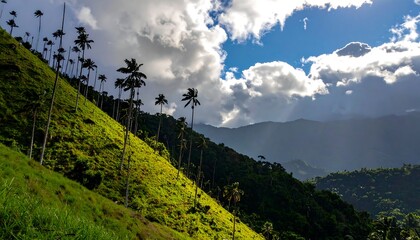 Majestic Colombian Andes Mountain Landscape with Palm Trees.