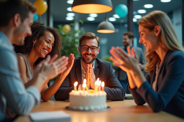 Office birthday cake moment. Happy team celebrating in office. Business colleagues clapping at party. Corporate birthday surprise. Workplace team event.