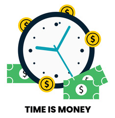 Time Is Money Vector Illustration – Clock and Dollar Symbol Representing Productivity, Business Efficiency, and Financial Value