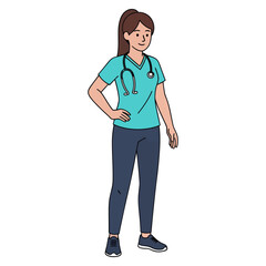 Fototapeta premium Professional female nurse character illustration wearing medical scrubs and a stethoscope, symbolizing compassionate healthcare, patient support, and essential frontline medical services.