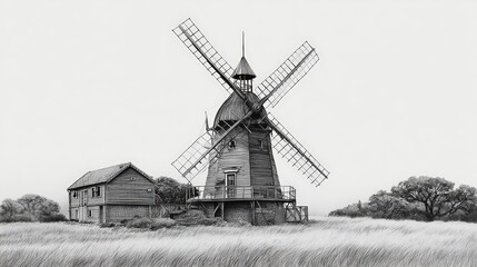 A classic windmill in a rural landscape, with a building, fields and trees. The image evokes a sense of history and simplicity.  pencil sketch, realistic drawing, black and white