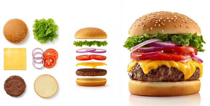 Desglose de los ingredientes de una hamburguesa con queso, incluyendo pan, carne, tomate, lechuga, queso y cebolla, junto a una hamburguesa completamente montada sobre fondo blanco.