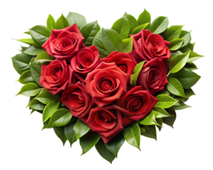 Red roses formed into a heart shape with green leaves isolated on transparent background
