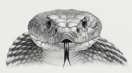 A detailed illustration of a snake with its forked tongue extended. The image is a close-up of the snake's head. pencil sketch, realistic drawing, black and white