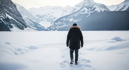 A person in a winter coat walks on a snowy path towards a frozen lake with majestic snow-capped mountains in the background.