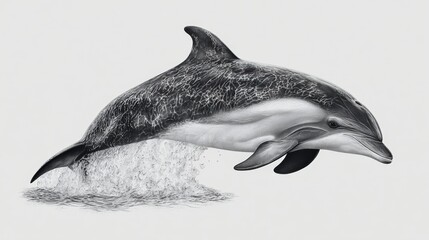Fototapeta premium A playful dolphin leaps gracefully out of the water, showcasing its sleek form against a minimalist background. pencil sketch, realistic drawing, black and white