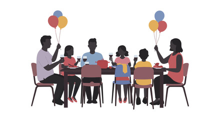 Happy family celebration gathering around table with balloons kids birthday party festive joyful occasion