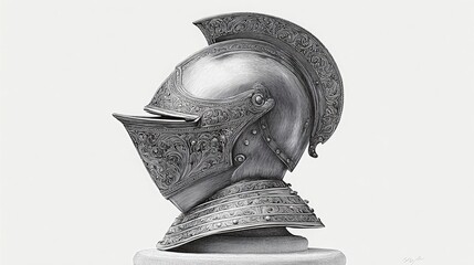 An ornate medieval helmet, a symbol of chivalry and warfare. The helmet is intricately detailed, displaying fine craftsmanship and design. pencil sketch, realistic drawing, black and white