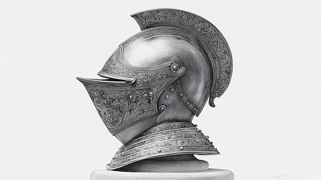 An ornate medieval helmet, a symbol of chivalry and warfare. The helmet is intricately detailed, displaying fine craftsmanship and design. pencil sketch, realistic drawing, black and white