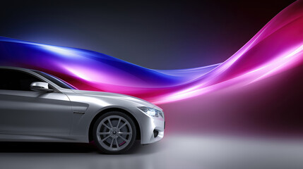 Stylish silver car with colorful light trails in the background