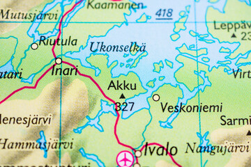 Naklejka premium Map closeup of Inari Riutula Ukonselka and Lake region Finland.