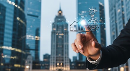 Man touching holographic business growth chart with globe and lightbulb in city backdrop