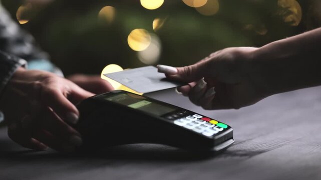 Barman Processes An Order Payment With A Credit Card On A Wireless Terminal At The Bar Counter