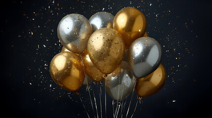 Fototapeta premium Elegant Gold and Silver Balloons Against Dark Backdrop