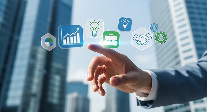 Hand interacting with floating business icons in front of a modern office building exterior view - Powered by Adobe