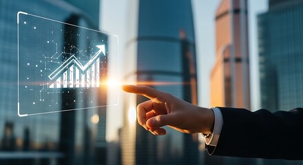 A hand interacting with a digital interface showing a rising graph against a city backdrop view