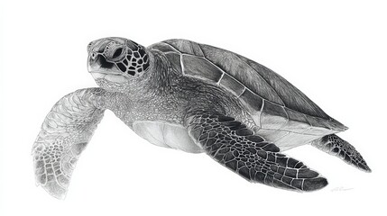 Fototapeta premium A detailed depiction of a swimming sea turtle, its shell patterns and form clearly visible. The turtle gracefully moves through water. pencil sketch, realistic drawing, black and white
