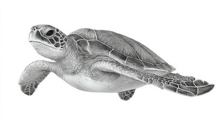 A captivating illustration of a sea turtle, showcasing its graceful form and intricate details. The turtle appears to be swimming. pencil sketch, realistic drawing, black and white