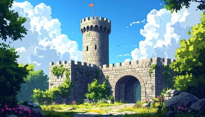 Majestic Stone Castle Tower with Archway Surrounded by Lush Green Forest and Blue Sky.