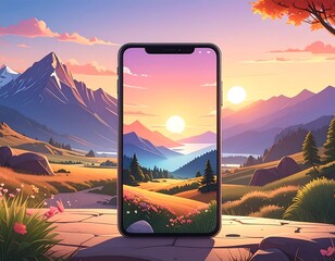 Smartphone displaying a scenic landscape